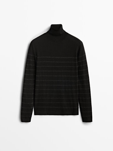 Turtleneck sweater with metallic thread stripes
