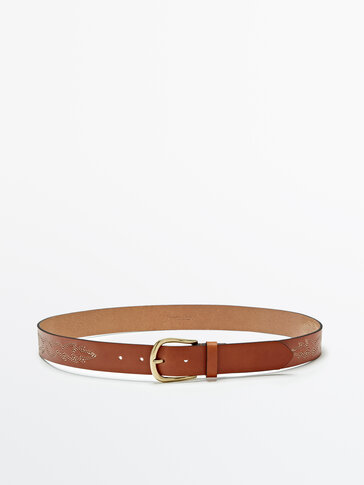 Leather belt with decorative topstitching