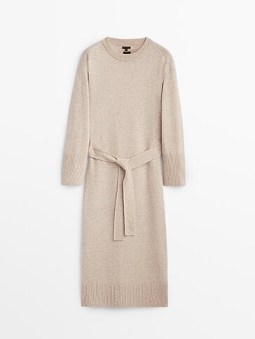 Long belted wool and cashmere dress