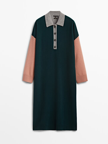 Colour block cashmere wool polo dress