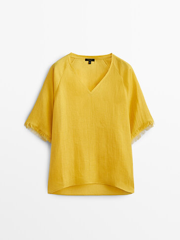 Linen T-shirt with fringe sleeves
