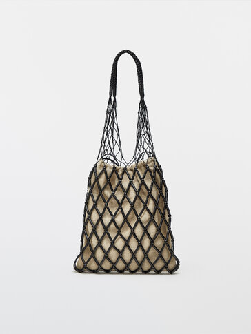 Wood and leather net bag + linen pouch bag