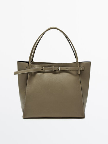 Tumbled leather tote bag with zip