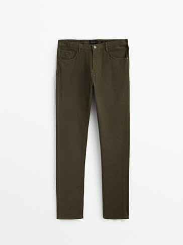 Slim-fit textured denim-effect trousers