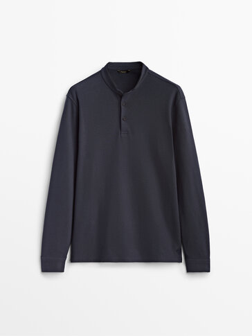 Long sleeve cotton polo shirt with a stand-up collar