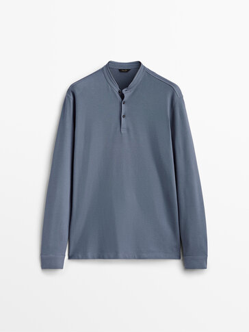 Long sleeve cotton polo shirt with a stand-up collar