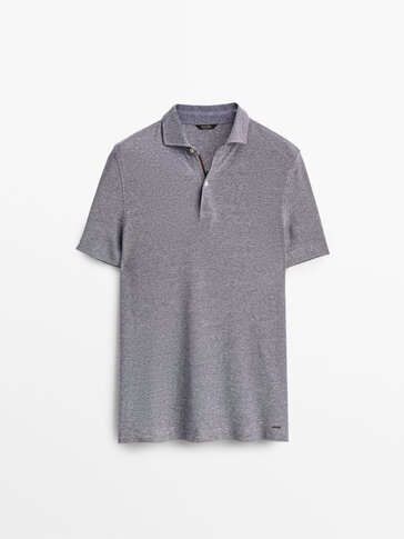 Micro textured cotton and linen polo shirt