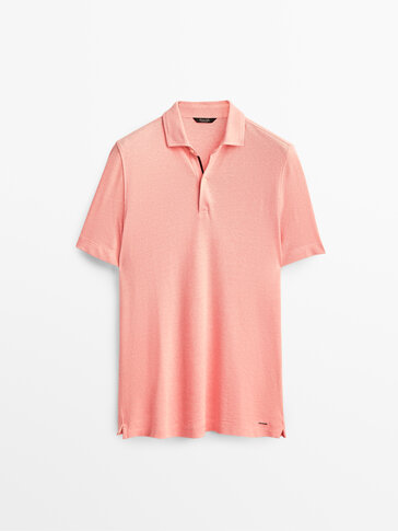 Micro textured cotton and linen polo shirt