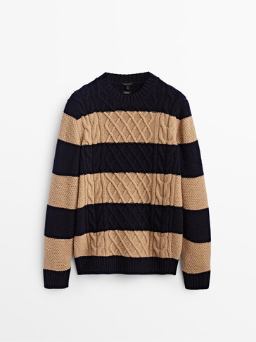 Striped cable-knit wool sweater