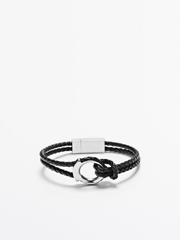 Plaited leather bracelet with metal detail