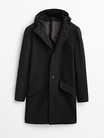 Black wool coat with hood