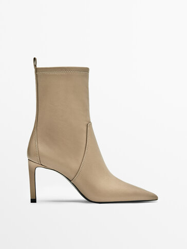 CAMEL LEATHER HIGH-HEEL ANKLE BOOTS