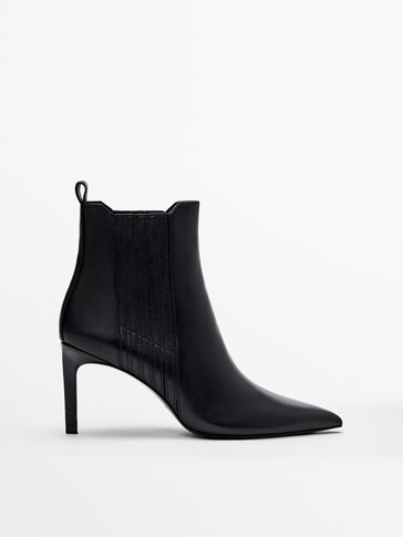 BLACK LEATHER HEELED ANKLE BOOTS WITH ELASTIC SIDE GORES
