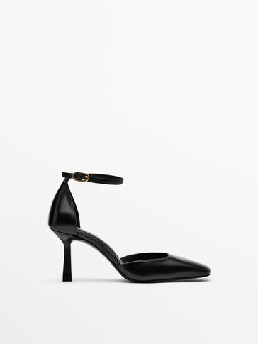 BLACK LEATHER HIGH-HEEL SHOES WITH ANKLE STRAP
