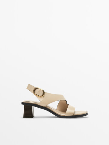 High-heel leather sandals with straps and buckle