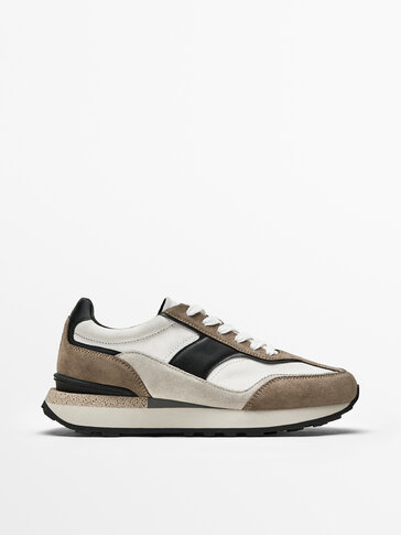 SAND-COLOURED CONTRAST SPLIT SUEDE TRAINERS