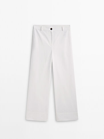 Cotton blend full length straight fit trousers