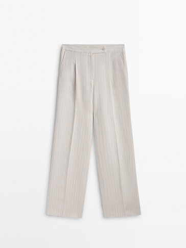 Darted pinstriped suit trousers