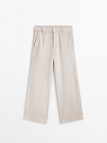 Cotton blend wide-leg cropped trousers