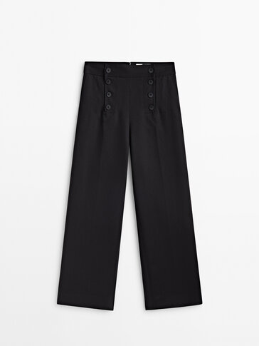 Wide-leg cotton and linen blend trousers with buttons