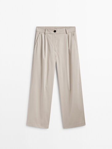Wide-leg cotton blend satin darted trousers