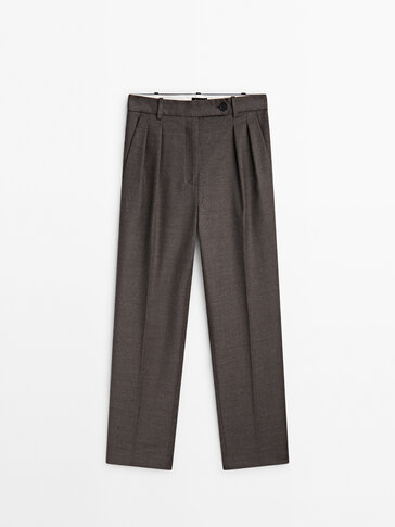 Carrot fit melange wool blend darted suit trousers