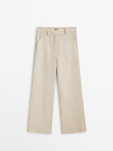 Cropped 100% linen trousers with pockets