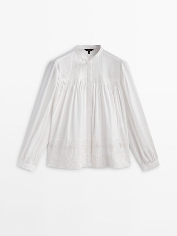 Cotton voile shirt with pintucks and a guipure hem