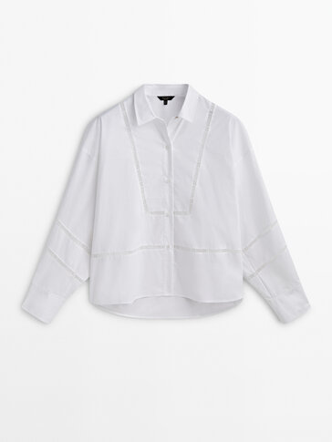 Embroidered lace trim cotton shirt