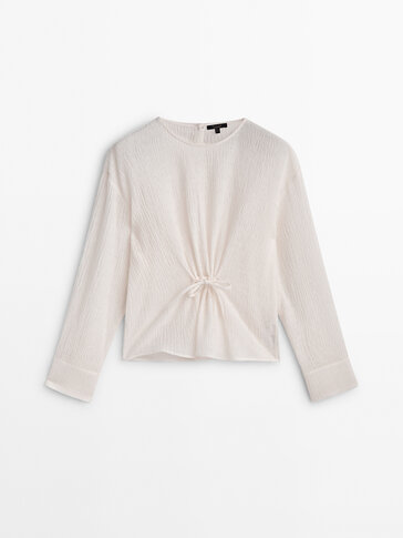 Textured wool blend blouse with gathered detail