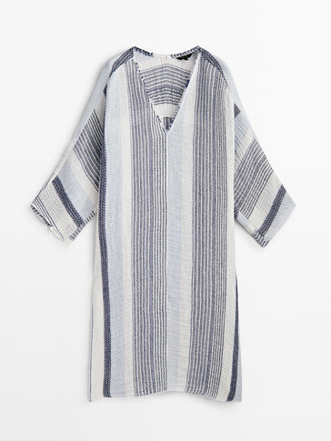 Striped waffle-knit linen blend oversize blouse