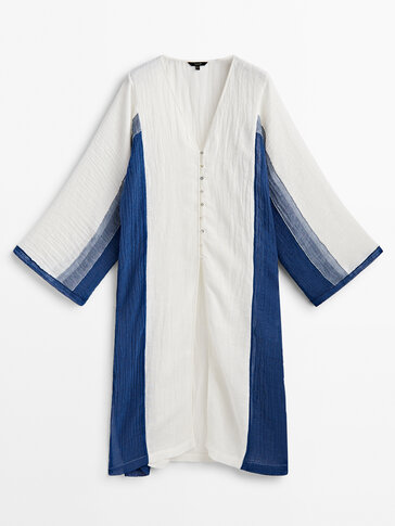 Contrast waffle-knit linen blend oversize blouse