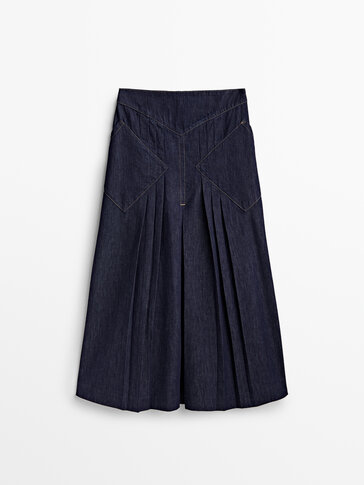Rinse-wash box pleat midi skirt