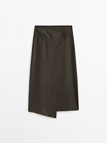 Asymmetric wrap-style linen midi skirt