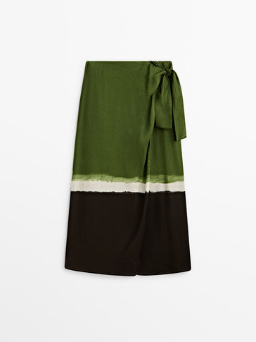 Wrap midi skirt with tie-dye hem