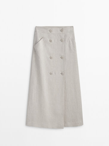 Double-buttoned linen blend midi skirt