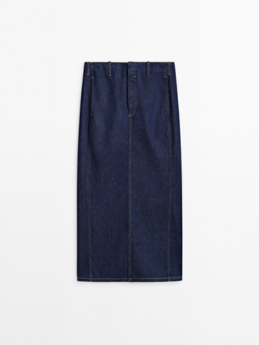 Straight denim midi skirt with back opening