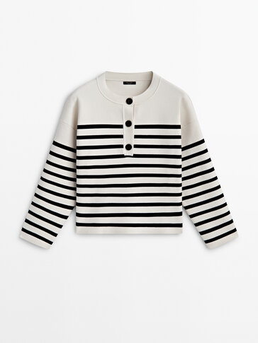Henley neck striped knit sweater