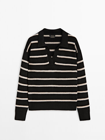 Striped wool blend knit polo sweater