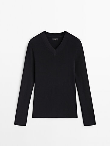 Cotton and silk blend ribbed knit sweater