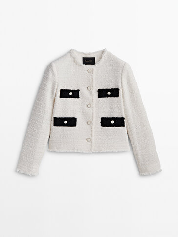 Contrast textured cropped jacket with pockets