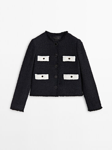 Contrast textured cropped jacket with pockets