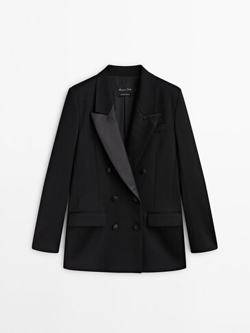 Double-breasted tuxedo suit blazer with satin lapels