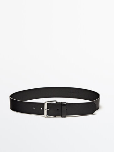 Wide leather belt with rectangular buckle