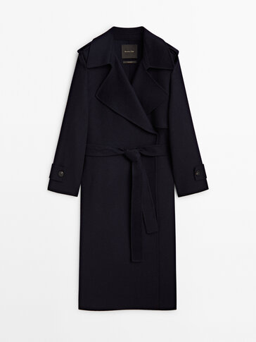 Long trench-effect wool blend coat
