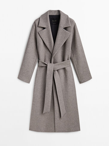 Flecked wool blend robe coat with belt