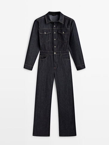 Straight, rinse wash denim jumpsuit with topstitching