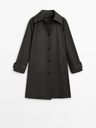 Mid-length trench coat with front button fastening