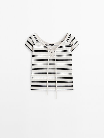 Striped T-shirt with lace-up neckline