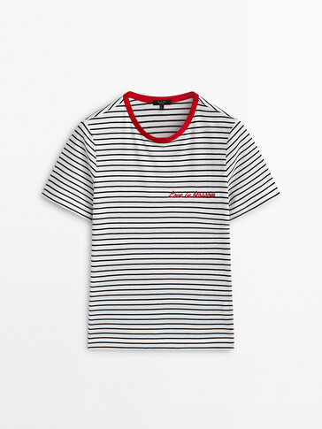 Striped cotton T-shirt with embroidery detail